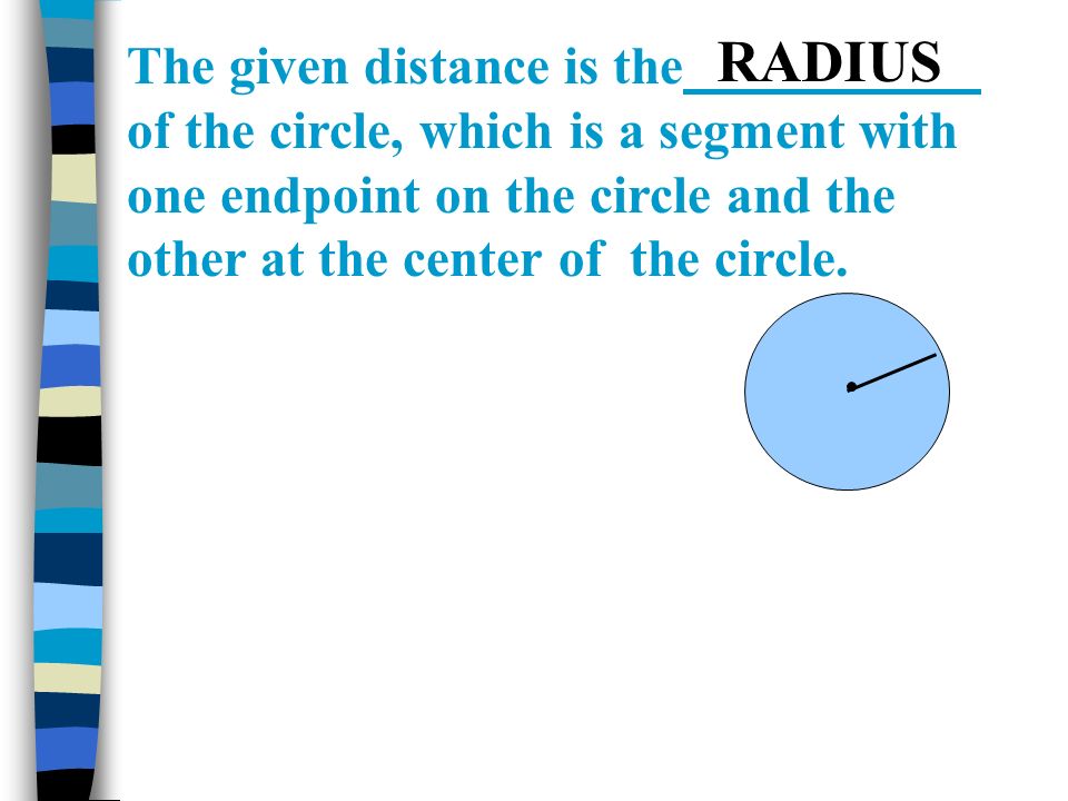 The given distance is the of the circle, which is a segment with one endpoint on the circle and the other at the center of the circle.