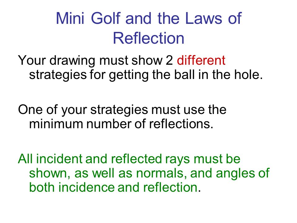 Mini Golf and the Laws of Reflection Your drawing must show 2 different strategies for getting the ball in the hole.
