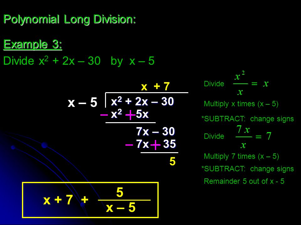 x – 5 Polynomial Long Division: x 2 + 2x – 30 x2x2x2x2 7x – 30 7x – 35 5 Example 3: Divide x 2 + 2x – 30 by x – 5 x+ 7 – 5x x x – 5 Multiply x times (x – 5) *SUBTRACT: change signs Multiply 7 times (x – 5) *SUBTRACT: change signs Remainder 5 out of x - 5 Divide