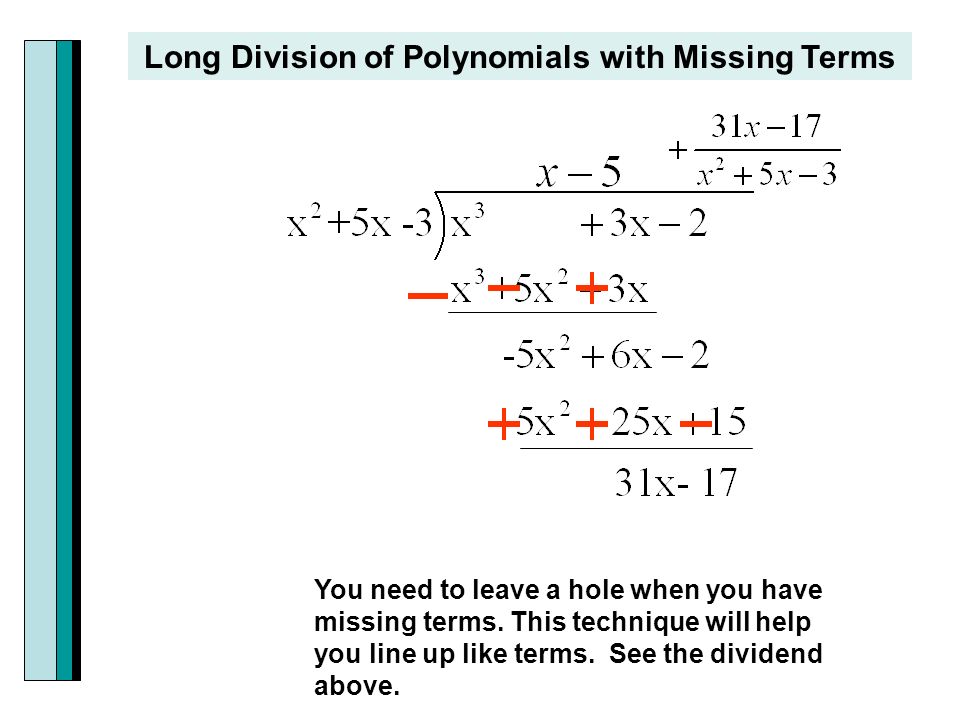 Long Division of Polynomials with Missing Terms You need to leave a hole when you have missing terms.