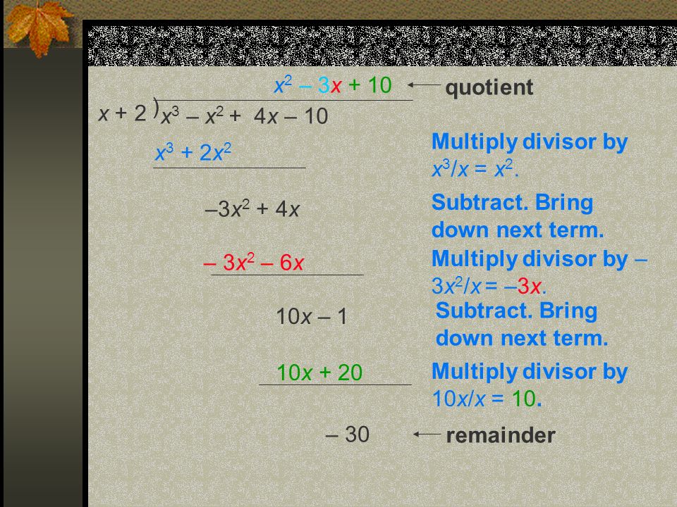 Multiply divisor by x 3 /x = x 2. x 3 + 2x 2 –3x 2 + 4x Subtract.