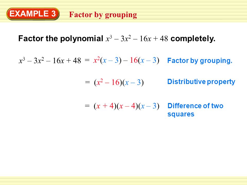 EXAMPLE 3 Factor by grouping Factor the polynomial x 3 – 3x 2 – 16x + 48 completely.