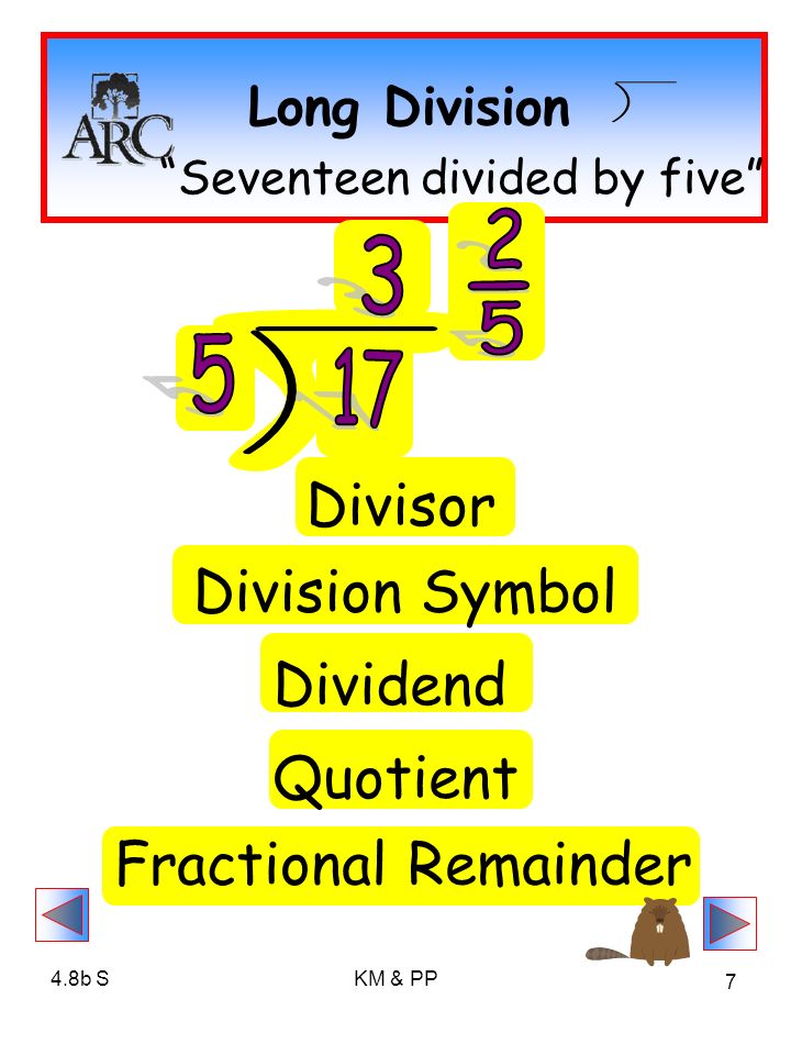 4.8b SKM & PP 7 Long Division Divisor Quotient Fractional Remainder Dividend Division Symbol Seventeen divided by five