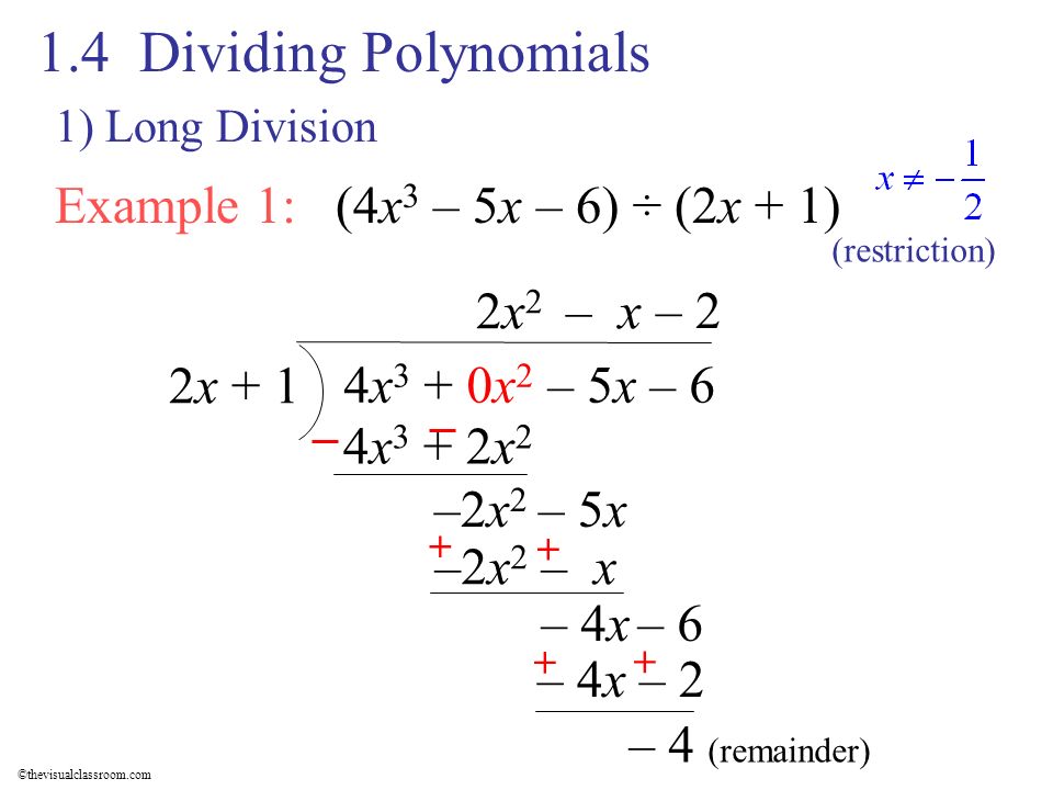 ©thevisualclassroom.com Example 1: (4x 3 – 5x – 6) ÷ (2x + 1) 4x 3 + 0x 2 – 5x – 6 2x + 1 2x22x2 4x 3 + 2x 2 –2x 2 – 5x – x – 4x (restriction) –2x 2 – x + + – 6 – 2 – 4x – – 4 (remainder) 1.4 Dividing Polynomials 1) Long Division
