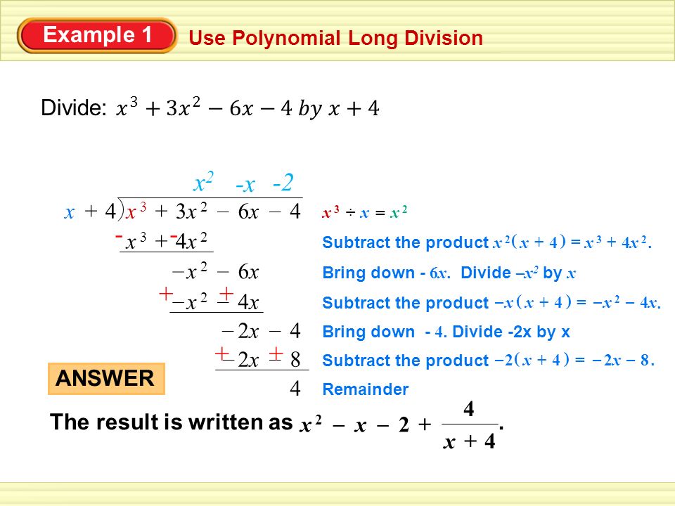 Example 1 Use Polynomial Long Division x 3x 3 +4x 24x 2 Subtract the product.