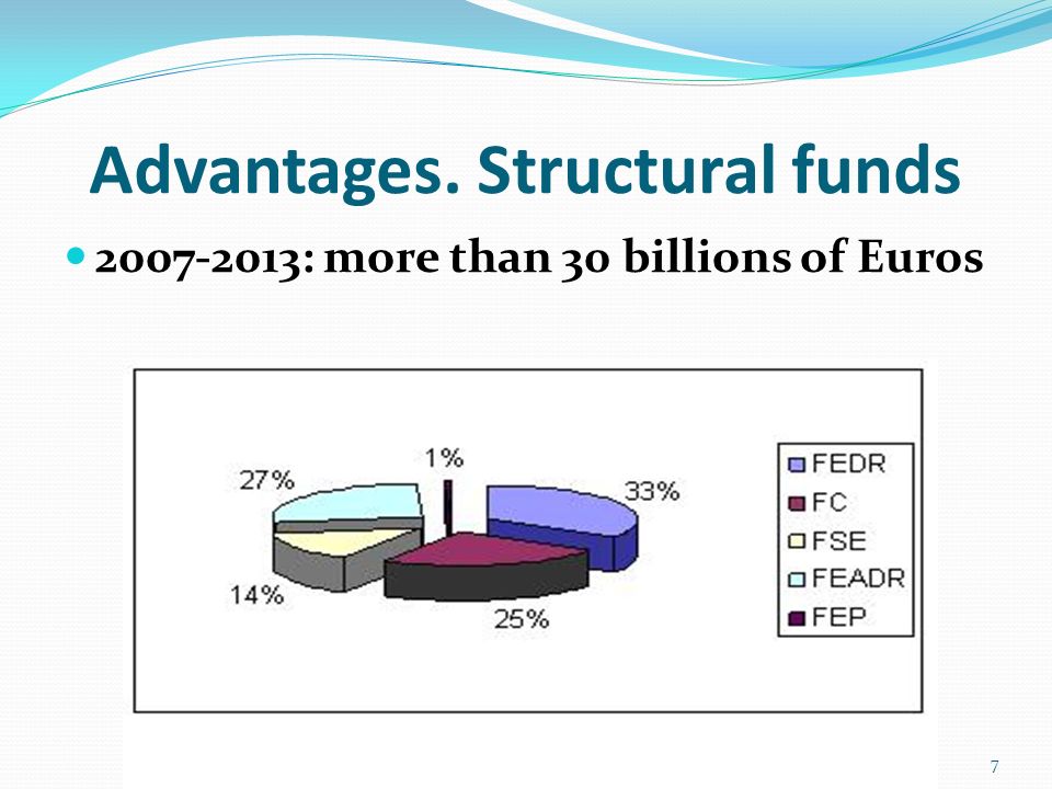Advantages. Structural funds : more than 30 billions of Euros 7