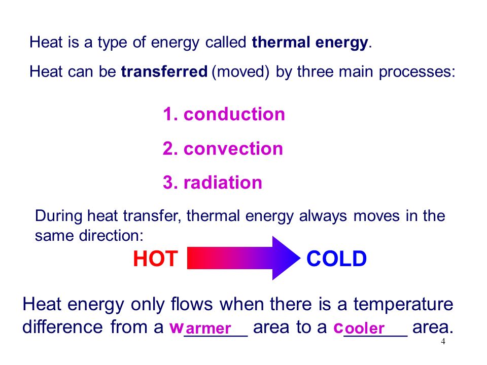 4 Heat energy only flows when there is a temperature difference from a w______ area to a c______ area.