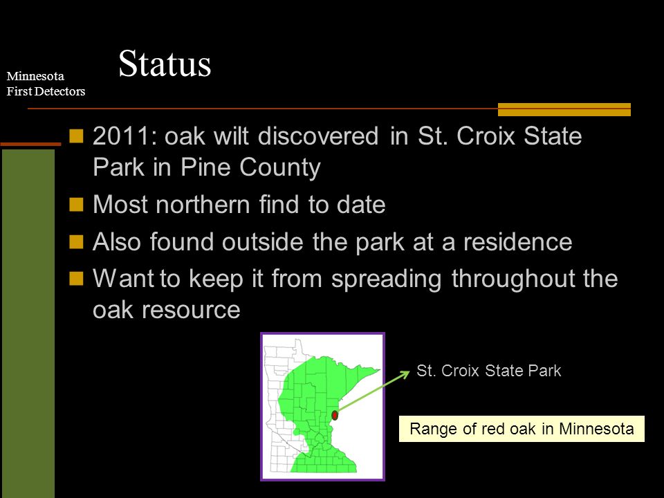 Minnesota First Detectors Status 2011: oak wilt discovered in St.