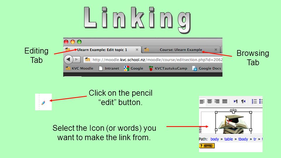 Click on the pencil edit button. Select the Icon (or words) you want to make the link from.