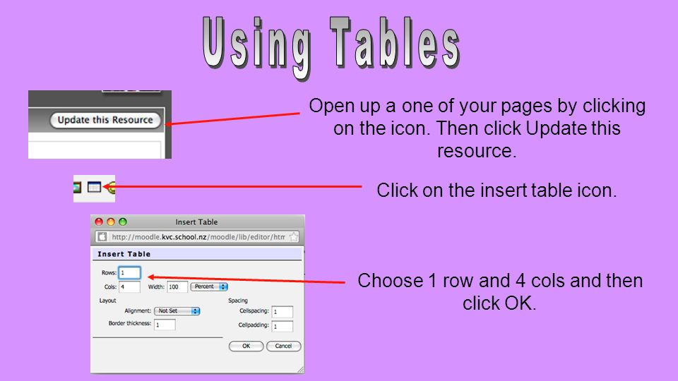 Choose 1 row and 4 cols and then click OK. Open up a one of your pages by clicking on the icon.