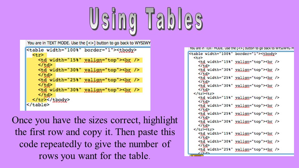 Once you have the sizes correct, highlight the first row and copy it.