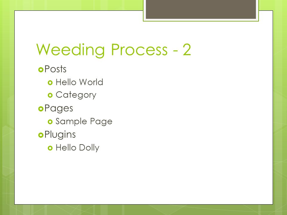 Weeding Process - 2  Posts  Hello World  Category  Pages  Sample Page  Plugins  Hello Dolly
