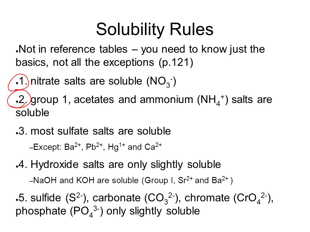 Solubility Rules ● Not in reference tables – you need to know just the basics, not all the exceptions (p.121) ● 1.