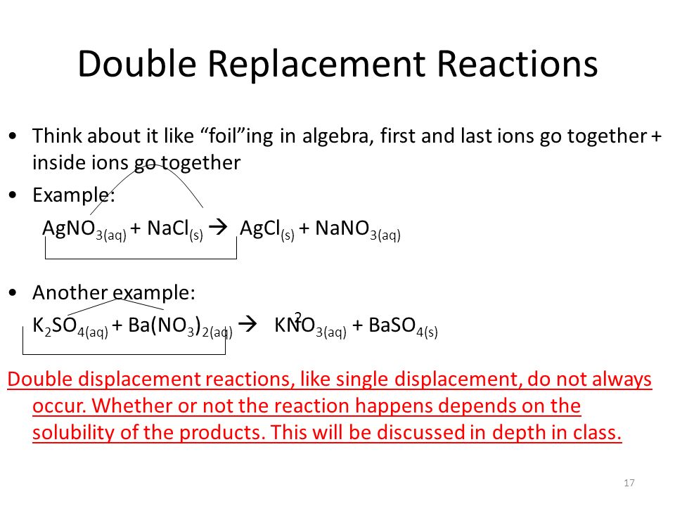 Double Replacement Reactions Think about it like foil ing in algebra, first and last ions go together + inside ions go together Example: AgNO 3(aq) + NaCl (s)  AgCl (s) + NaNO 3(aq) Another example: K 2 SO 4(aq) + Ba(NO 3 ) 2(aq)  KNO 3(aq) + BaSO 4(s) Double displacement reactions, like single displacement, do not always occur.