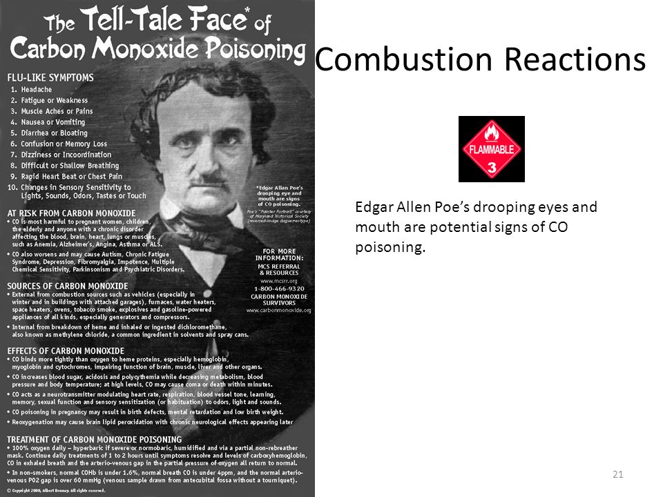 Combustion Reactions Edgar Allen Poe’s drooping eyes and mouth are potential signs of CO poisoning.