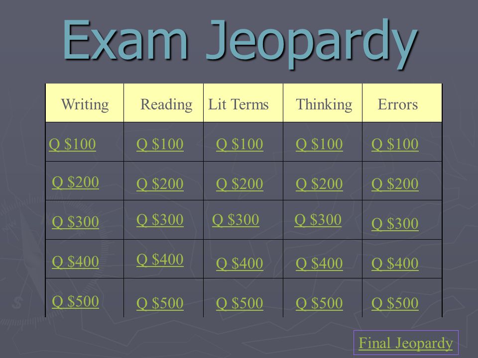 Exam Jeopardy Writing ReadingLit TermsThinking Errors Q $100 Q $200 Q $300 Q $400 Q $500 Q $100 Q $200 Q $300 Q $400 Q $500 Final Jeopardy
