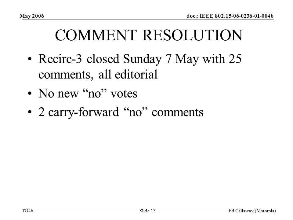 doc.: IEEE b TG4b May 2006 Ed Callaway (Motorola)Slide 13 COMMENT RESOLUTION Recirc-3 closed Sunday 7 May with 25 comments, all editorial No new no votes 2 carry-forward no comments