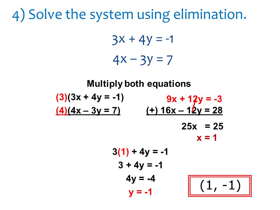 3x + 4y = -1 4x – 3y = 7 4) Solve the system using elimination.