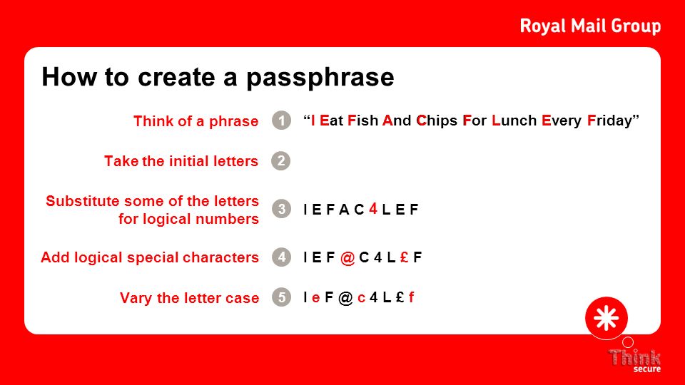 How to create a passphrase Take the initial letters 2 Substitute some of the letters for logical numbers 3 Add logical special characters I E C 4 L £ F 4 Vary the letter case I e c 4 L £ f 5 I Eat Fish And Chips For Lunch Every Friday 1 Think of a phrase IEFACFLEF I E F A C 4 L E F £ e c f