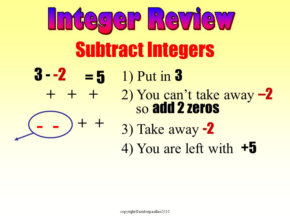 copyright©amberpasillas2010 Subtract Integers ) Put in 3 2) You can’t take away –2 so add 2 zeros 3) Take away -2 4) You are left with +5 =