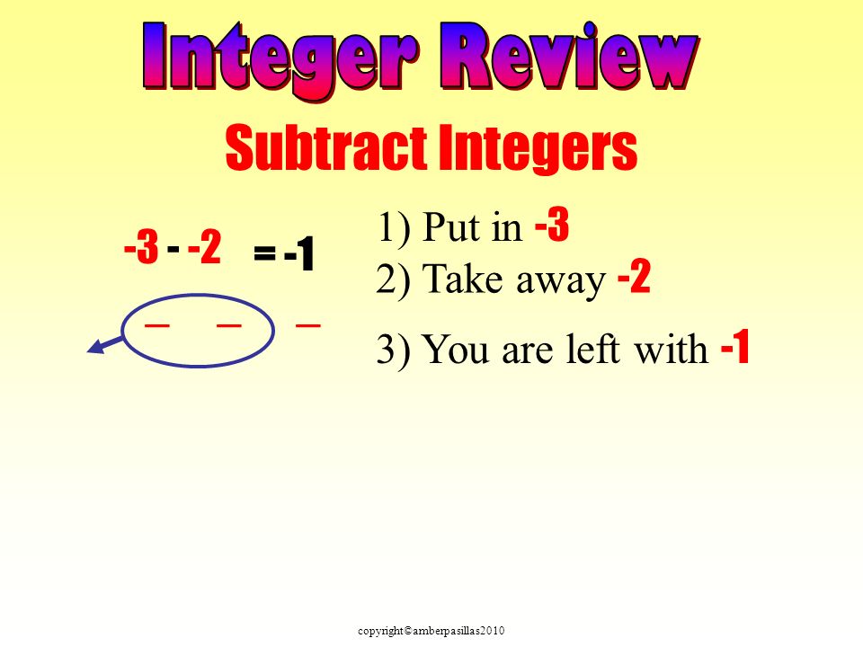copyright©amberpasillas2010 Subtract Integers ) Put in -3 2) Take away -2 3) You are left with = -1 _ _