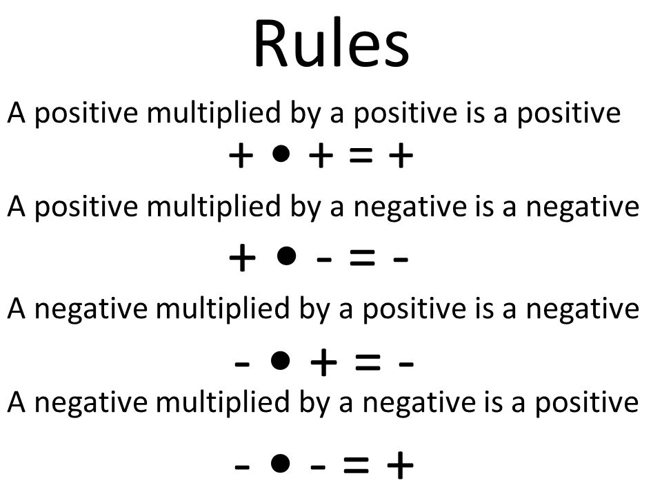 Rules A positive multiplied by a positive is a positive A positive multiplied by a negative is a negative A negative multiplied by a positive is a negative A negative multiplied by a negative is a positive + + = = = = +