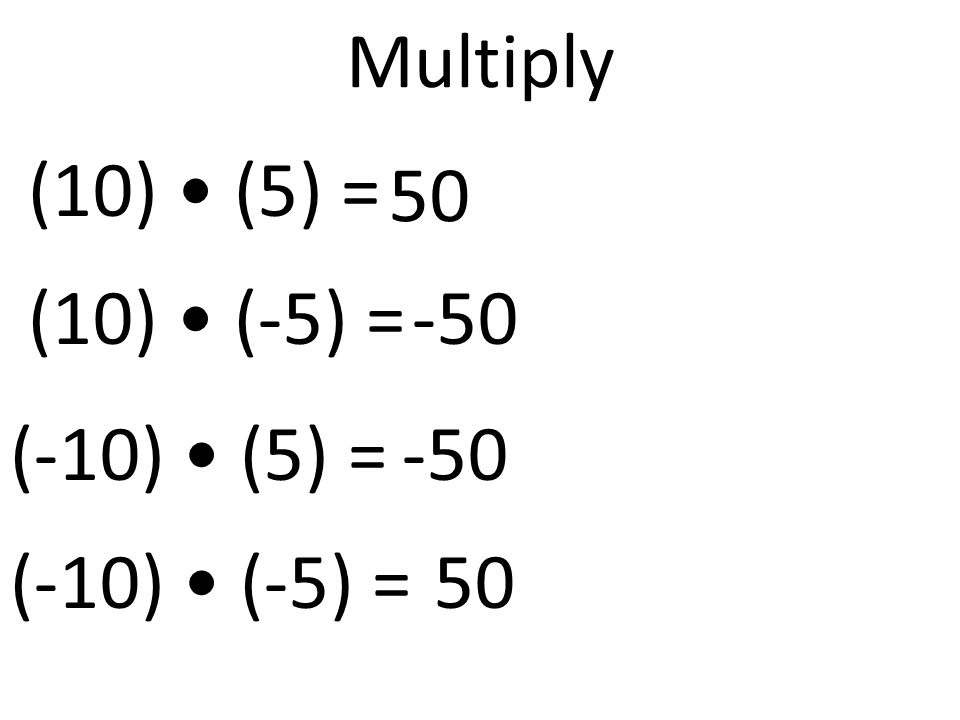 Multiply (10) (5) = (10) (-5) = (-10) (5) = (-10) (-5) =