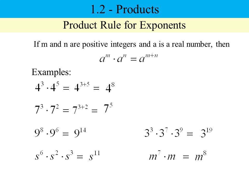 Product Rule for Exponents If m and n are positive integers and a is a real number, then Examples: Products