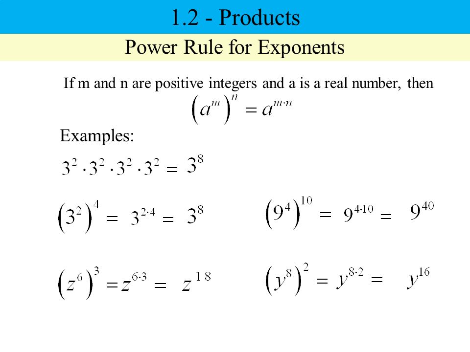 Power Rule for Exponents If m and n are positive integers and a is a real number, then Examples: Products