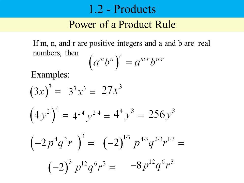 Power of a Product Rule If m, n, and r are positive integers and a and b are real numbers, then Examples: Products