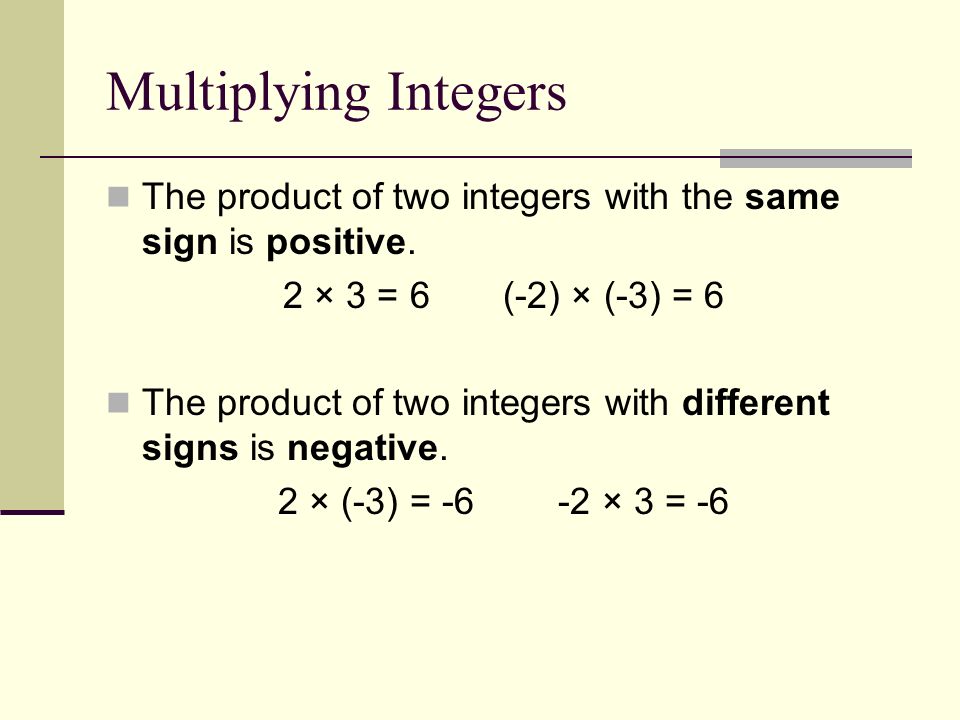 Multiplying Integers The product of two integers with the same sign is positive.