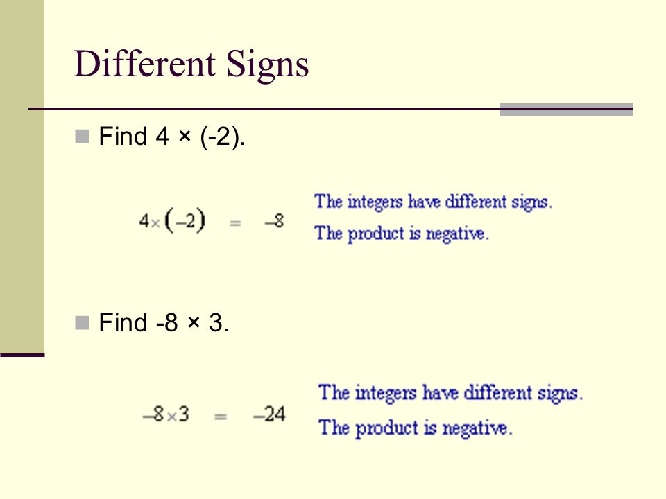 Different Signs Find 4 × (-2). Find -8 × 3.