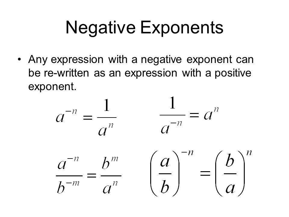 Negative Exponents Any expression with a negative exponent can be re-written as an expression with a positive exponent.