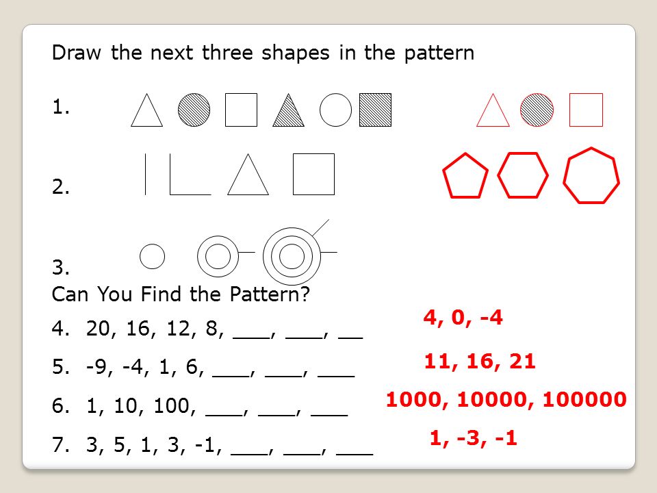 Draw the next three shapes in the pattern