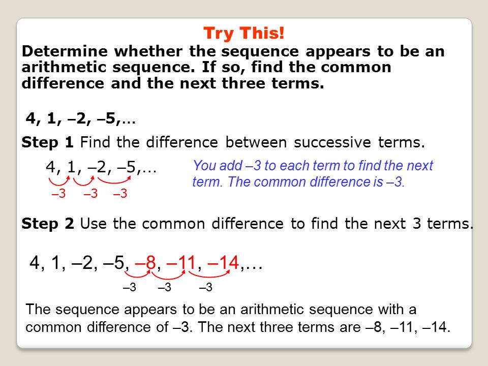 4, 1, – 2, – 5, … Step 1 Find the difference between successive terms.