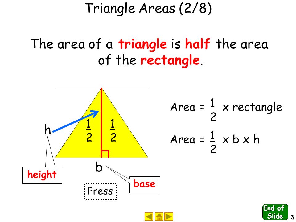2 Triangle Areas (1/8) The area of a triangle is half the area of the rectangle.