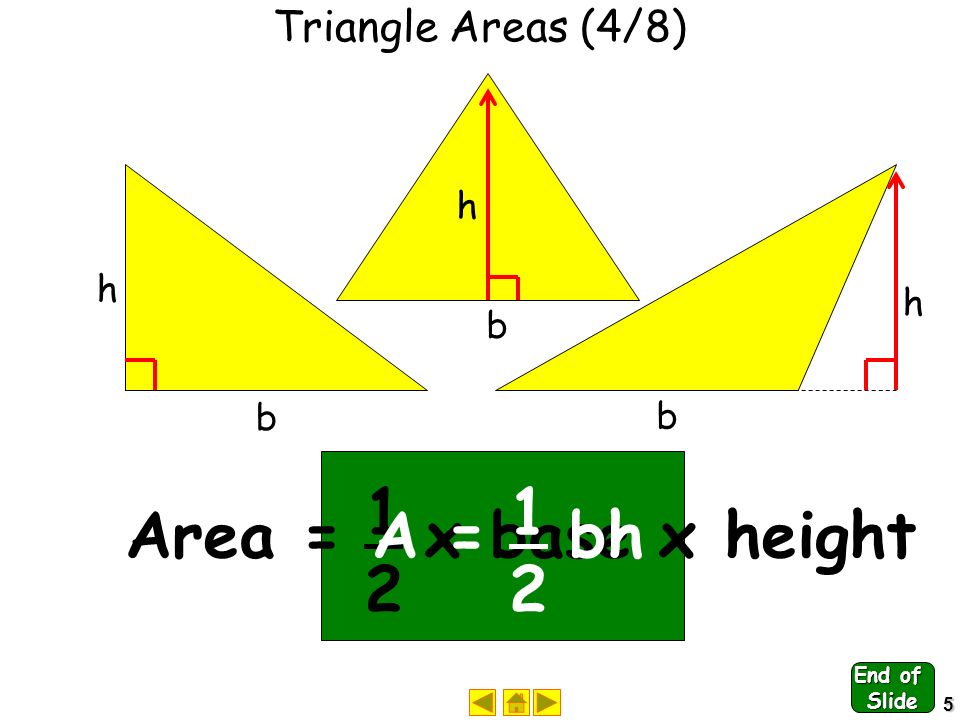 4 Triangle Areas (3/8) The area of a triangle is half the area of the rectangle.