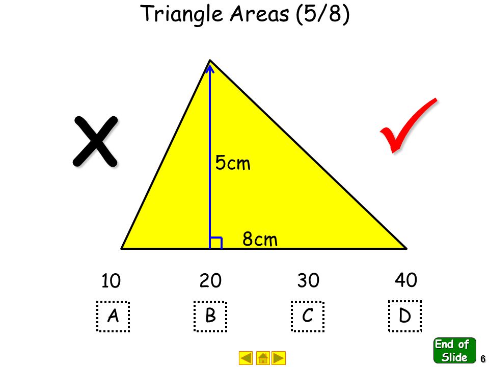 5 Triangle Areas (4/8) h h h b b b Area = x base x height 1212 A = bh 1212 End of Slide