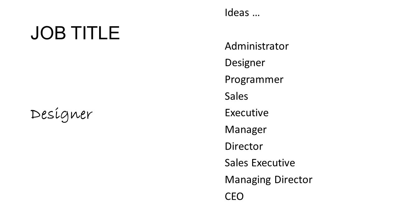 JOB TITLE Ideas … Administrator Designer Programmer Sales Executive Manager Director Sales Executive Managing Director CEO Designer