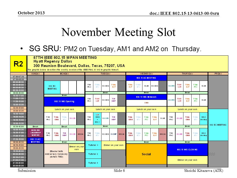doc.: IEEE sru Submission November Meeting Slot SG SRU: PM2 on Tuesday, AM1 and AM2 on Thursday.