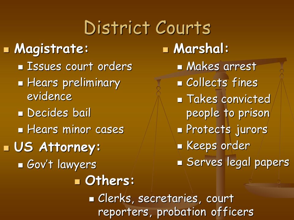 District Courts Magistrate: Magistrate: Issues court orders Issues court orders Hears preliminary evidence Hears preliminary evidence Decides bail Decides bail Hears minor cases Hears minor cases US Attorney: US Attorney: Gov’t lawyers Gov’t lawyers Marshal: Marshal: Makes arrest Makes arrest Collects fines Collects fines Takes convicted people to prison Takes convicted people to prison Protects jurors Protects jurors Keeps order Keeps order Serves legal papers Serves legal papers Others: Others: Clerks, secretaries, court reporters, probation officers Clerks, secretaries, court reporters, probation officers