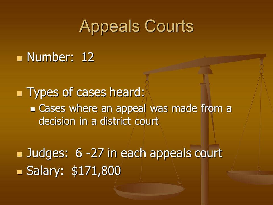 Appeals Courts Number: 12 Number: 12 Types of cases heard: Types of cases heard: Cases where an appeal was made from a decision in a district court Cases where an appeal was made from a decision in a district court Judges: in each appeals court Judges: in each appeals court Salary: $171,800 Salary: $171,800