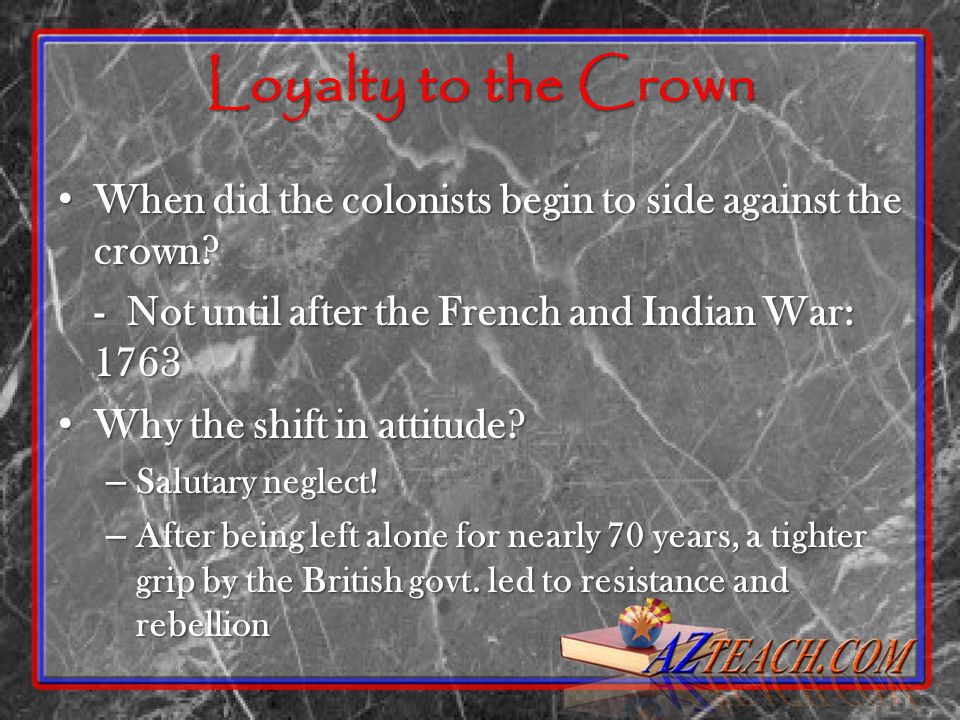 Loyalty to the Crown When did the colonists begin to side against the crown.