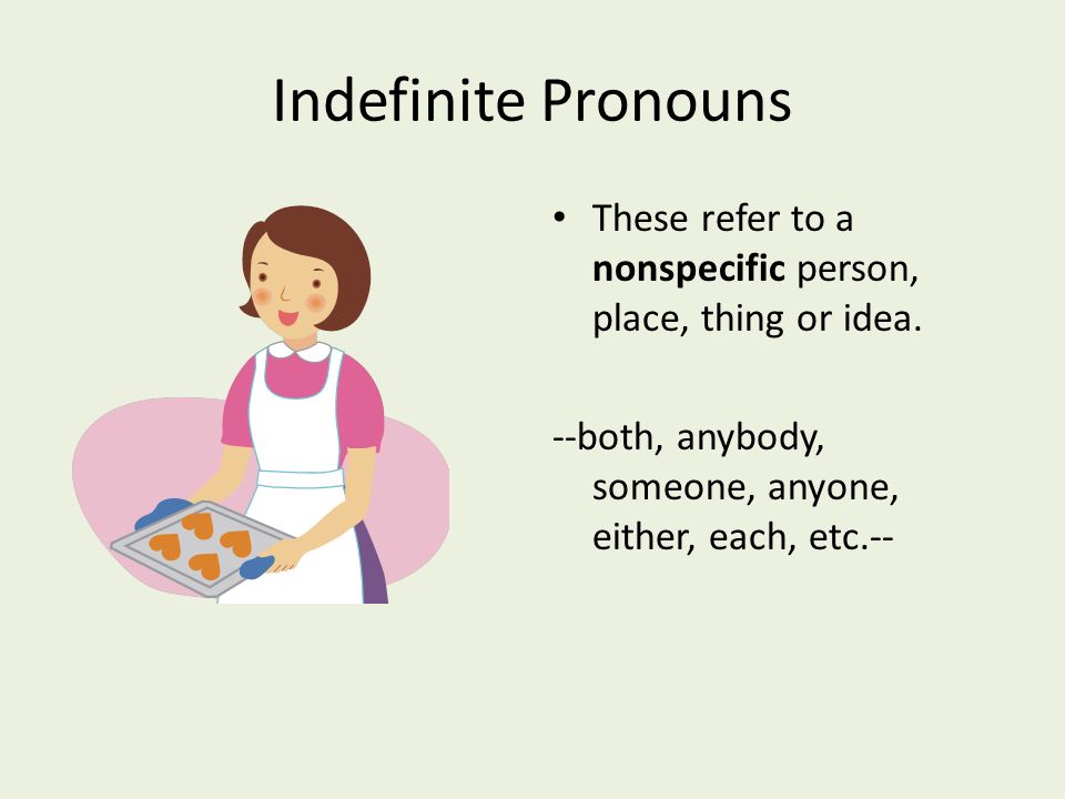 Indefinite Pronouns These refer to a nonspecific person, place, thing or idea.