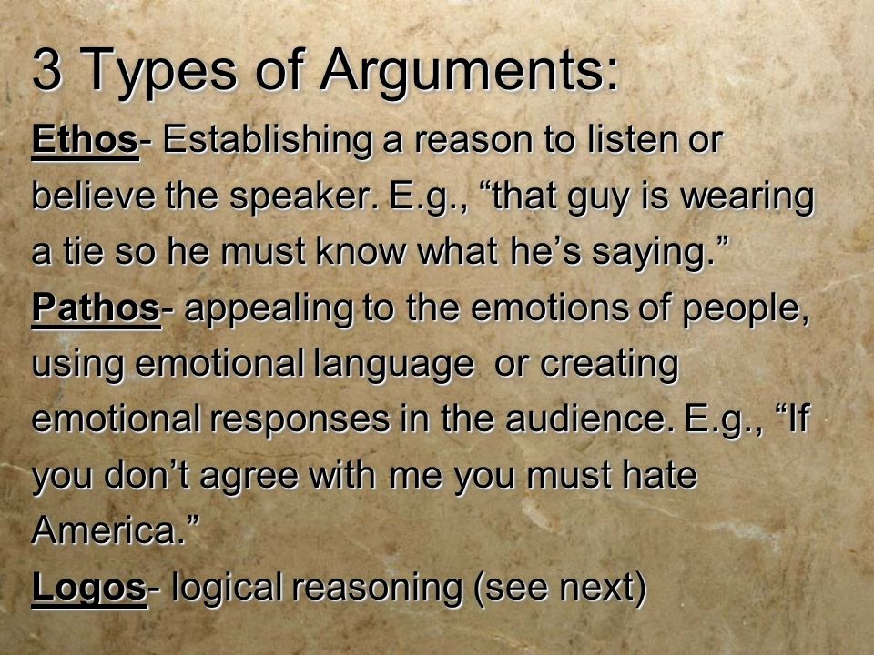 3 Types of Arguments: Ethos- Establishing a reason to listen or believe the speaker.