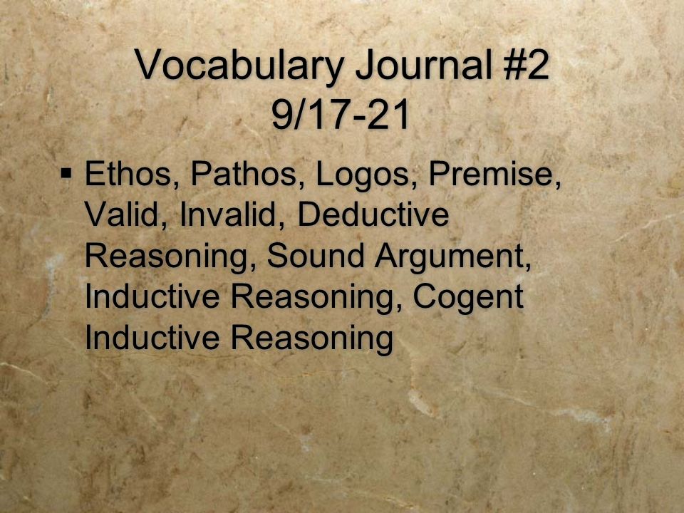Vocabulary Journal #2 9/17-21  Ethos, Pathos, Logos, Premise, Valid, Invalid, Deductive Reasoning, Sound Argument, Inductive Reasoning, Cogent Inductive Reasoning
