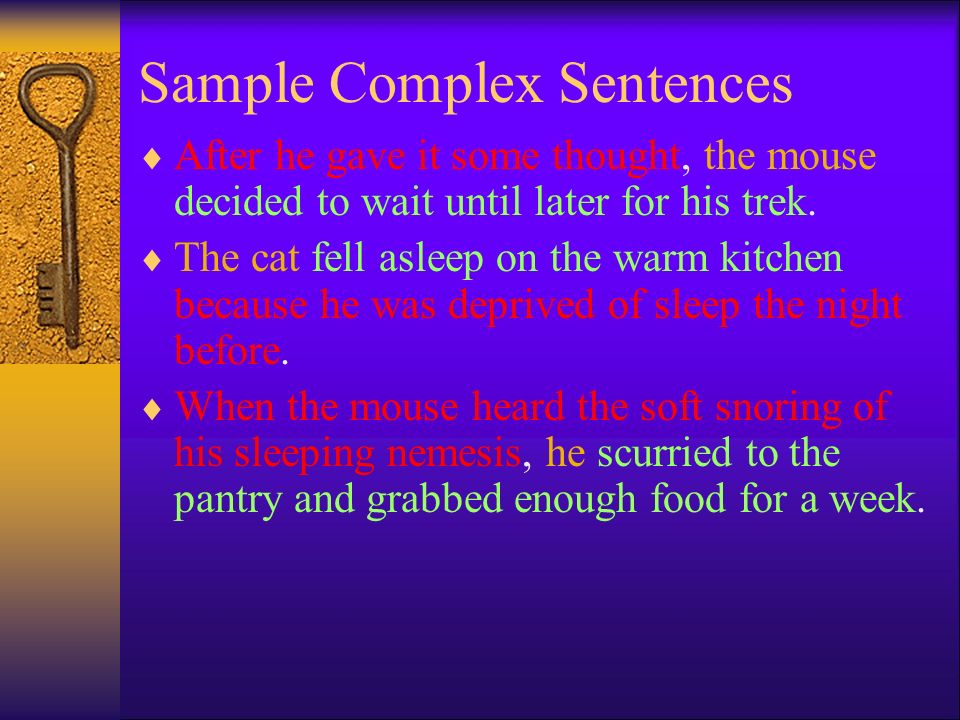 Sample Complex Sentences  After he gave it some thought, the mouse decided to wait until later for his trek.