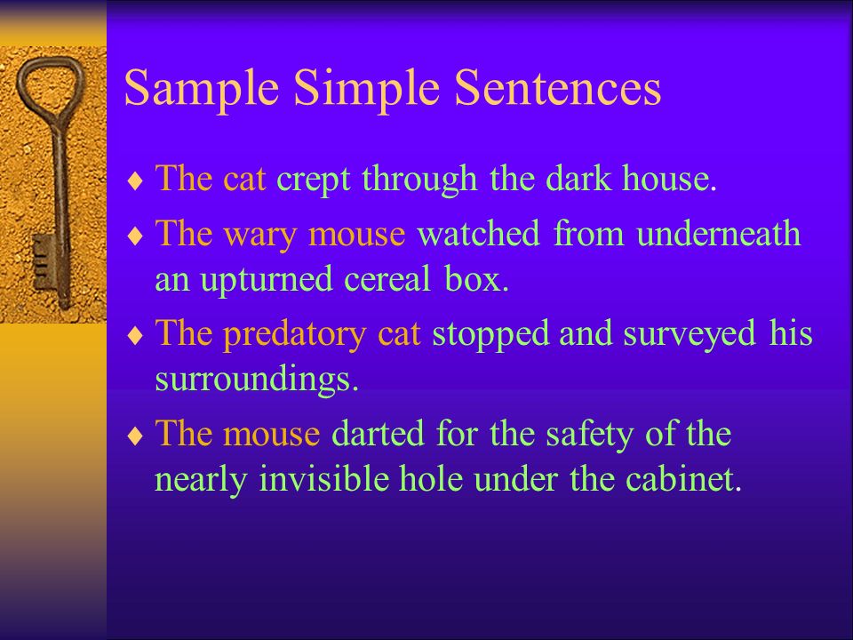 Sample Simple Sentences  The cat crept through the dark house.