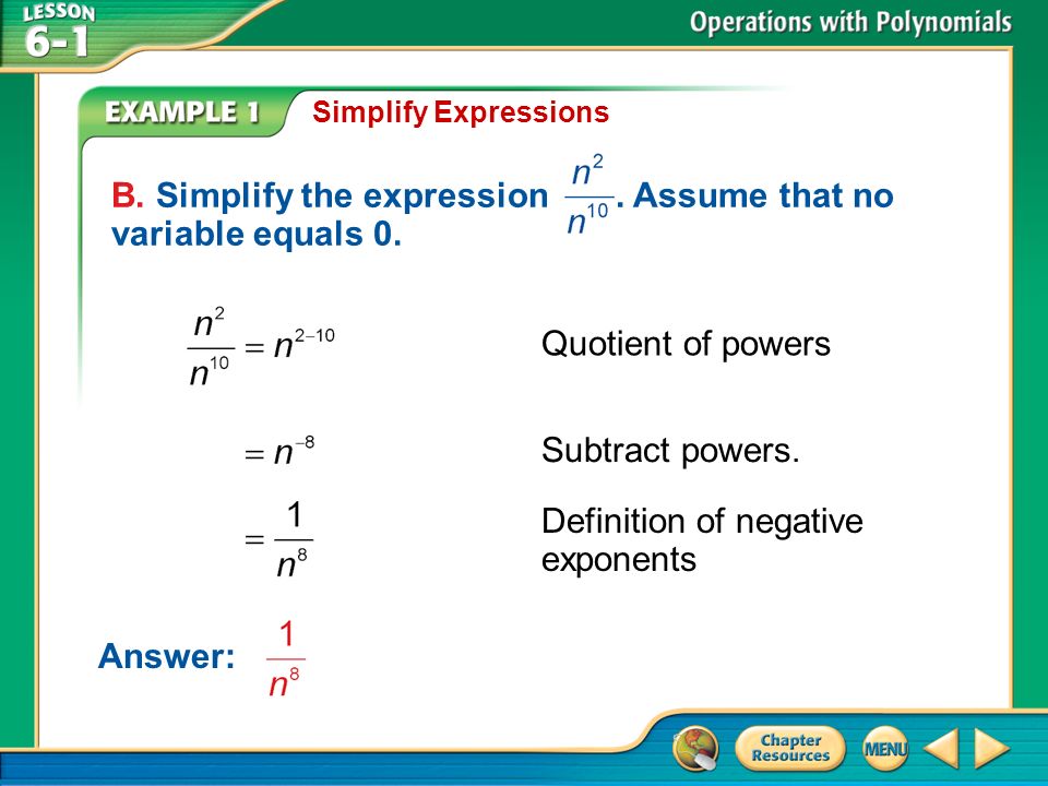 Example 1 Simplify Expressions B. Simplify the expression.