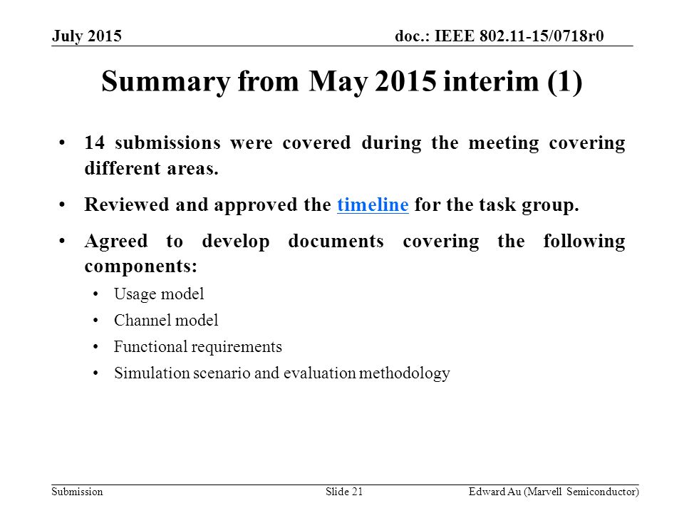 doc.: IEEE /0718r0 SubmissionSlide 21 Summary from May 2015 interim (1) Edward Au (Marvell Semiconductor) 14 submissions were covered during the meeting covering different areas.